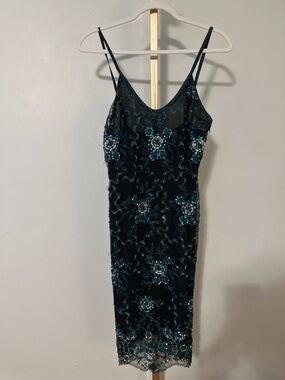 Massimo Black Dress with Teal Sequin Floral Embroidery